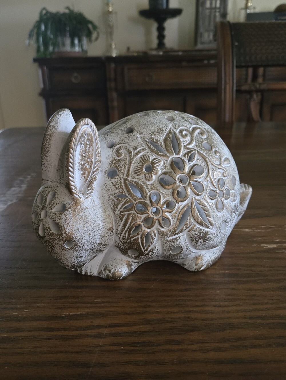 Boho Floral White Bunny Figurine Tea Light Or Candle Holder
